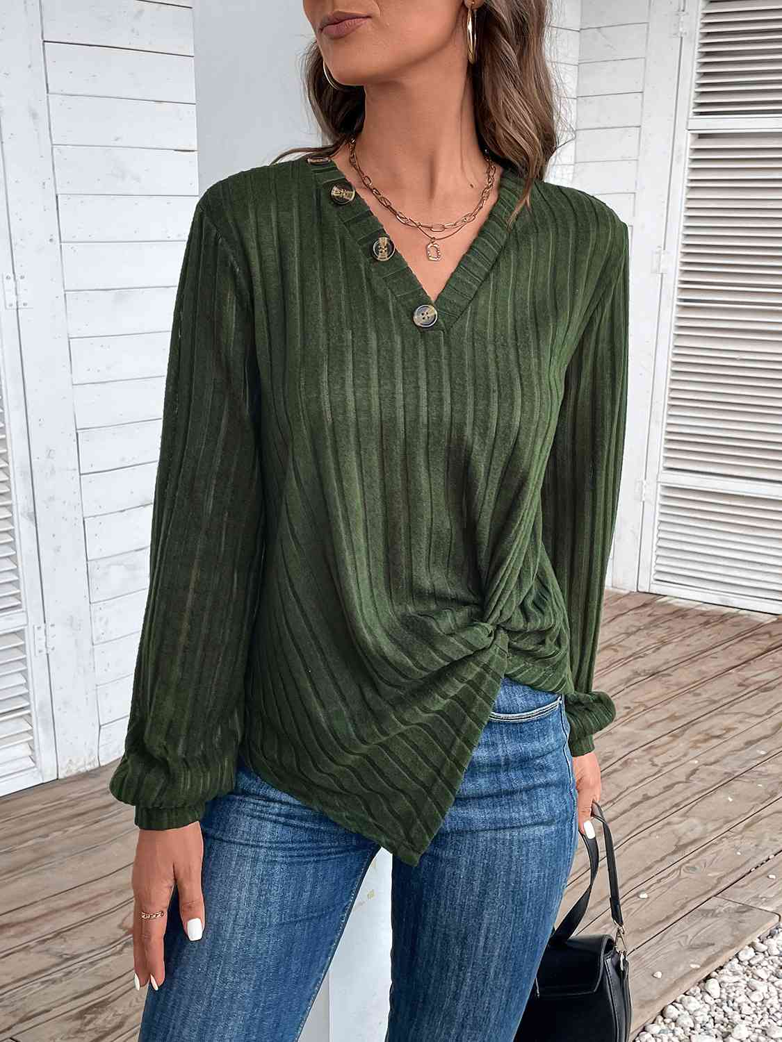 swvws Twisted V-Neck Buttoned Long Sleeve T-Shirt