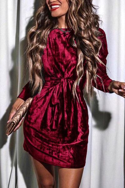 swvws Tied Round Neck Long Sleeve Dress