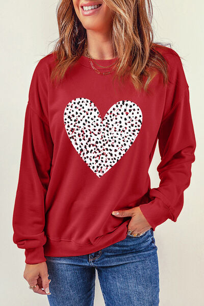 swvws Heart Round Neck Dropped Shoulder Sweatshirt