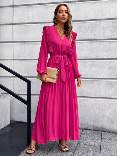 swvws Pleated Surplice Tie Waist Maxi Dress