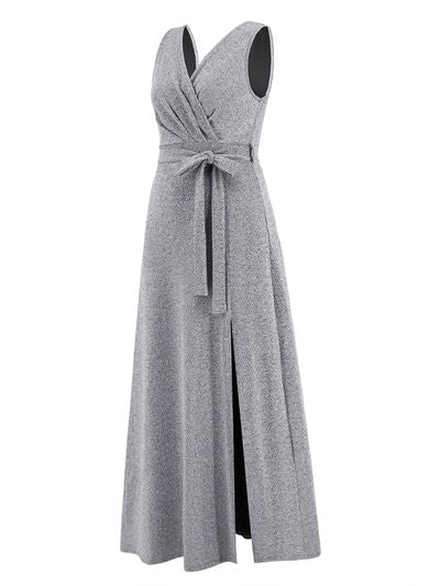 swvws Slit Surplice Tie Waist Sleeveless Dress