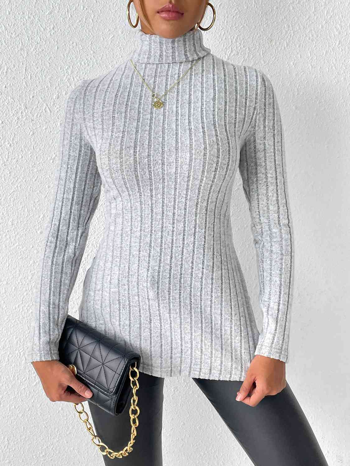 swvws Ribbed Turtleneck Long Sleeve Slit T-Shirt