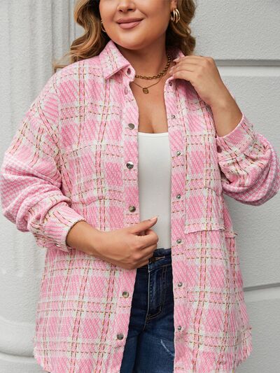 swvws Plus Size Plaid Pocketed Snap Down Jacket