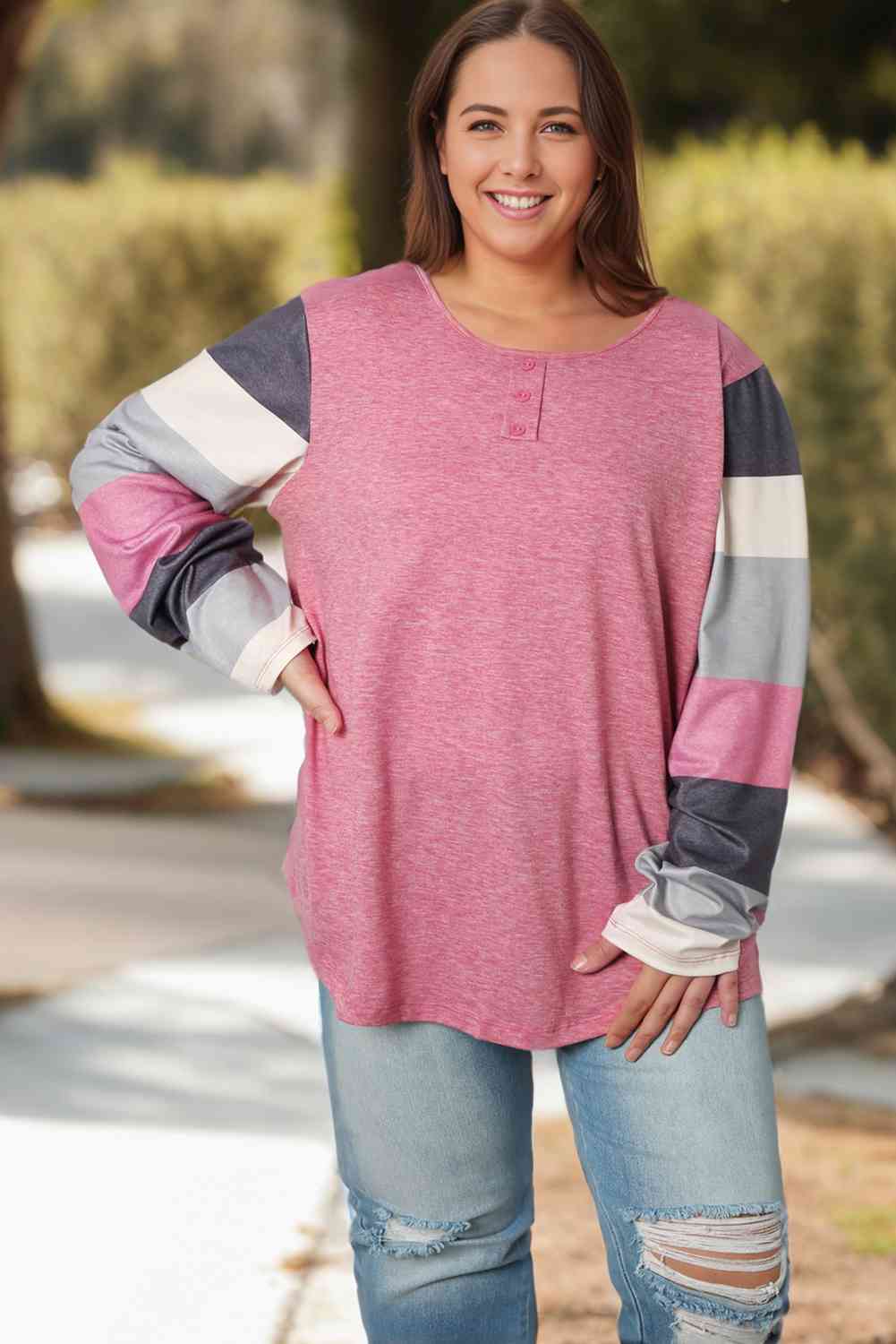 swvws Plus Size Round Neck Color Block Long Sleeve T-Shirt