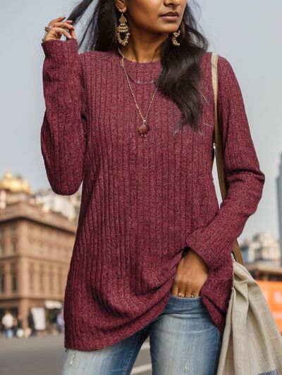 swvws Ribbed Round Neck Long Sleeve Blouse