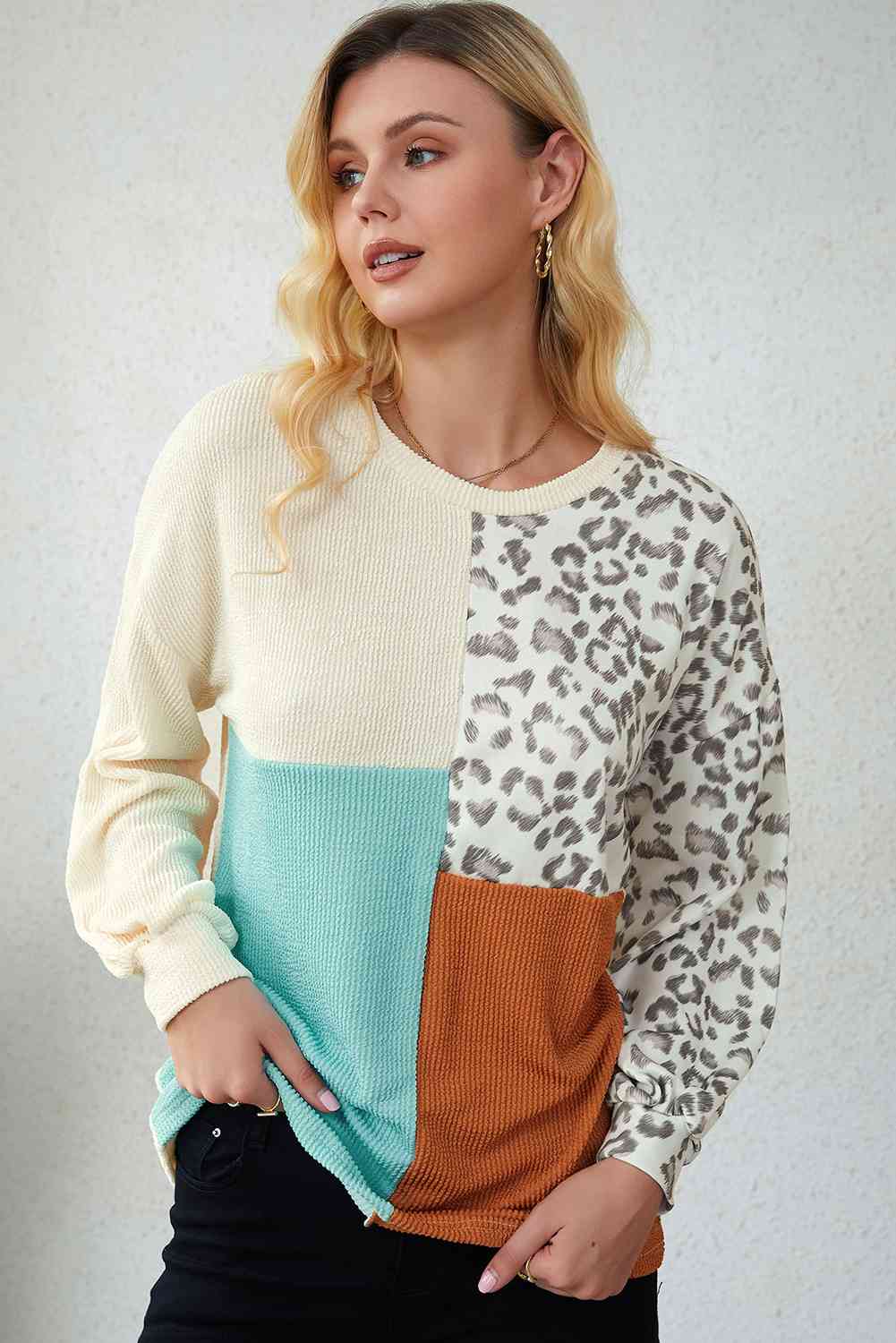 swvws Leopard Patchwork Long Sleeve Top