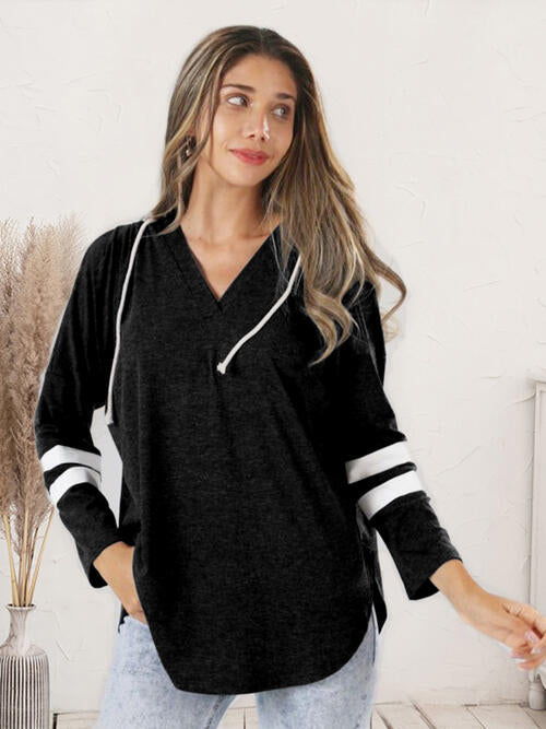 swvws Striped V-Neck Drastring Hoodie