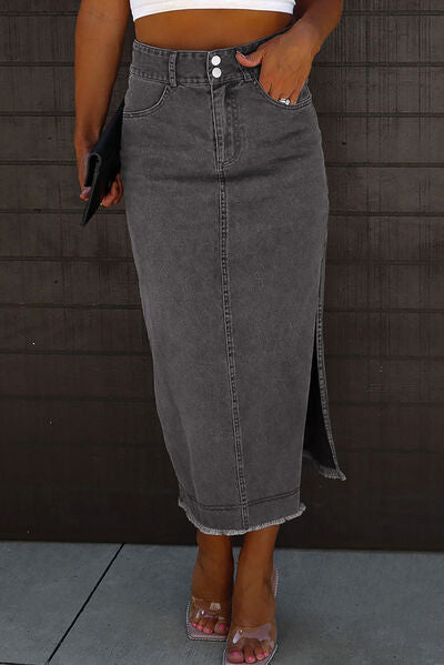 swvws Raw Hem Slit Pocketed Midi Denim Skirt