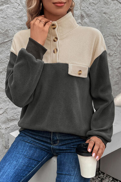 swvws Color Block Quarter Button Dropped Shoulder Sweatshirt