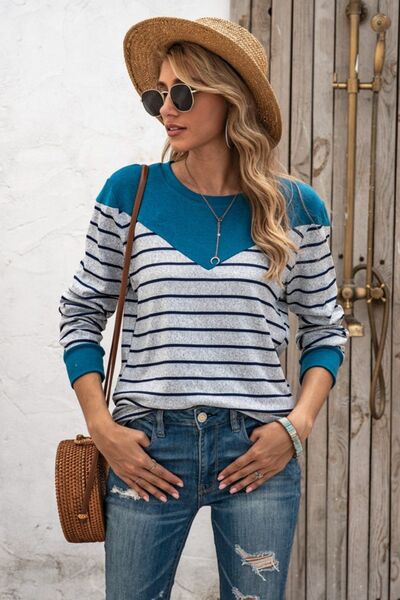 swvws Striped Round Neck Long Sleeve T-Shirt