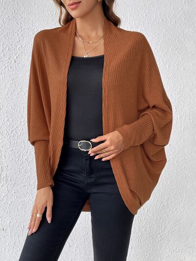 swvws Ribbed Open Front Lantern Sleeve Cocoon Cardigan