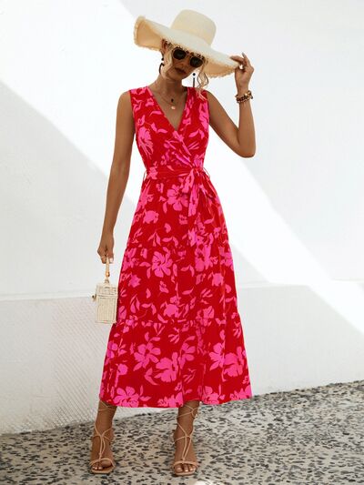 swvws Tied Printed Surplice Tiered Dress