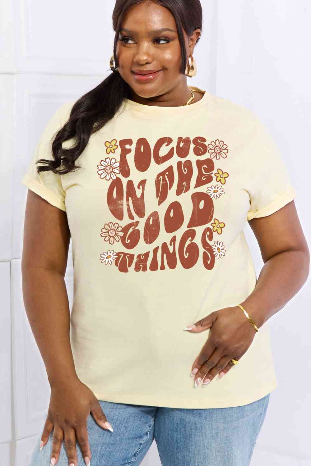 swvws Simply Love Full Size FOCUS ON THE GOOD THINGS Graphic Cotton Tee