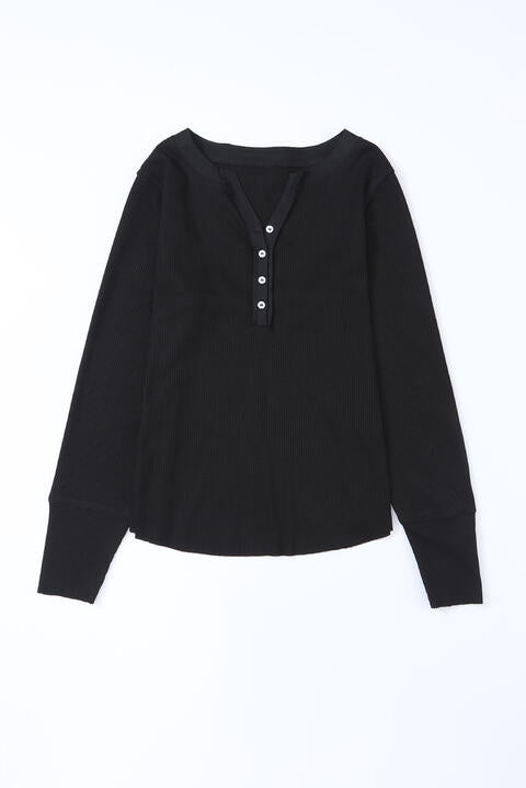 swvws Waffle Knit Buttoned Notched Neck Long Sleeve T-Shirt