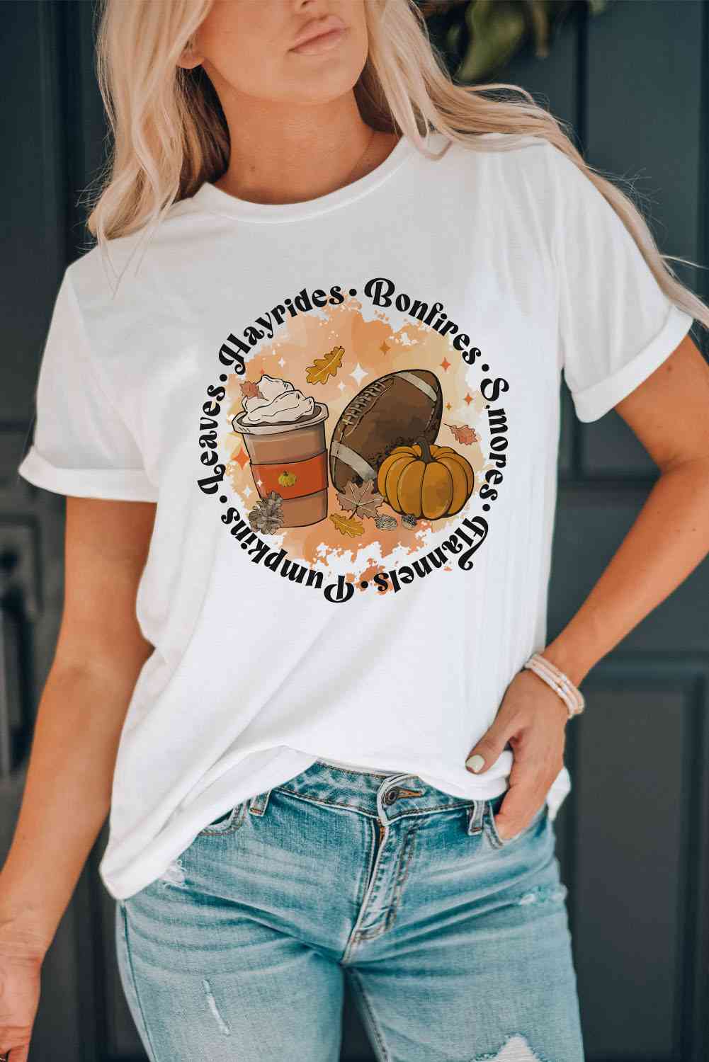 swvws Round Neck Short Sleeve Pumpkin Latte Graphic T-Shirt