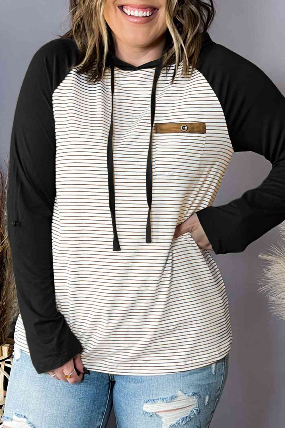 swvws Plus Size Striped Long Sleeve Hoodie