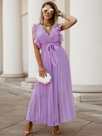 swvws Tied Surplice Cap Sleeve Pleated Dress