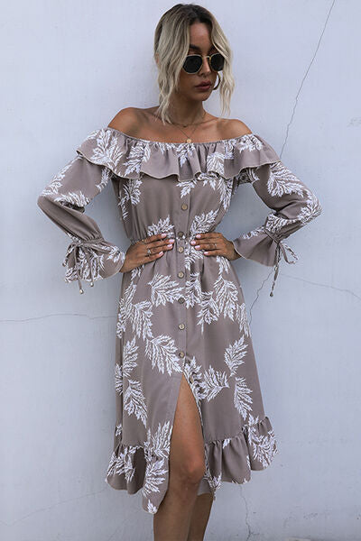 swvws Ruffled Printed Off-Shoulder Midi Dress