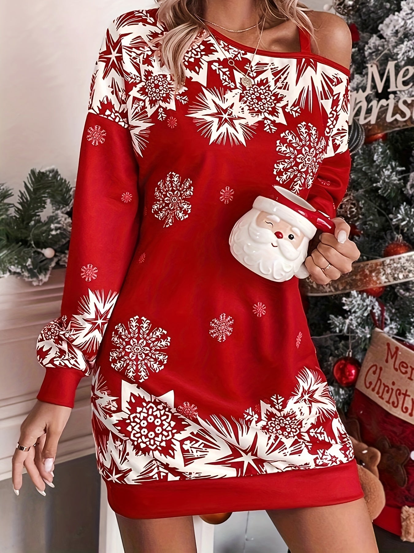 Festive Off-the-Shoulder Snowflake Dress - Women's Casual Polyester Knit One-Shoulder Sleeve Dress for Spring/Fall, Holiday Party, Festive Occasions - Easy to Wear, Comfortable, Relaxed Fit