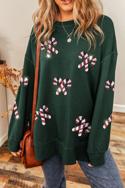 swvws Candy Cane Sequin Round Neck Long Sleeve Sweatshirt