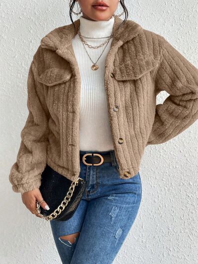 swvws Fuzzy Button Up Collared Neck Jacket