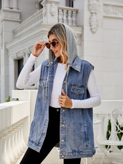 swvws Drawstring Pocketed Button Up Sleeveless Denim Jacket