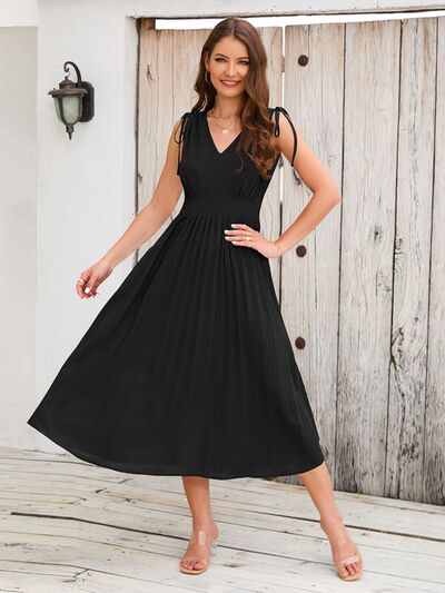 swvws Pleated V-Neck Sleeveless Midi Dress