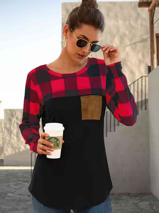 swvws Plaid Round Neck Long Sleeve T-Shirt