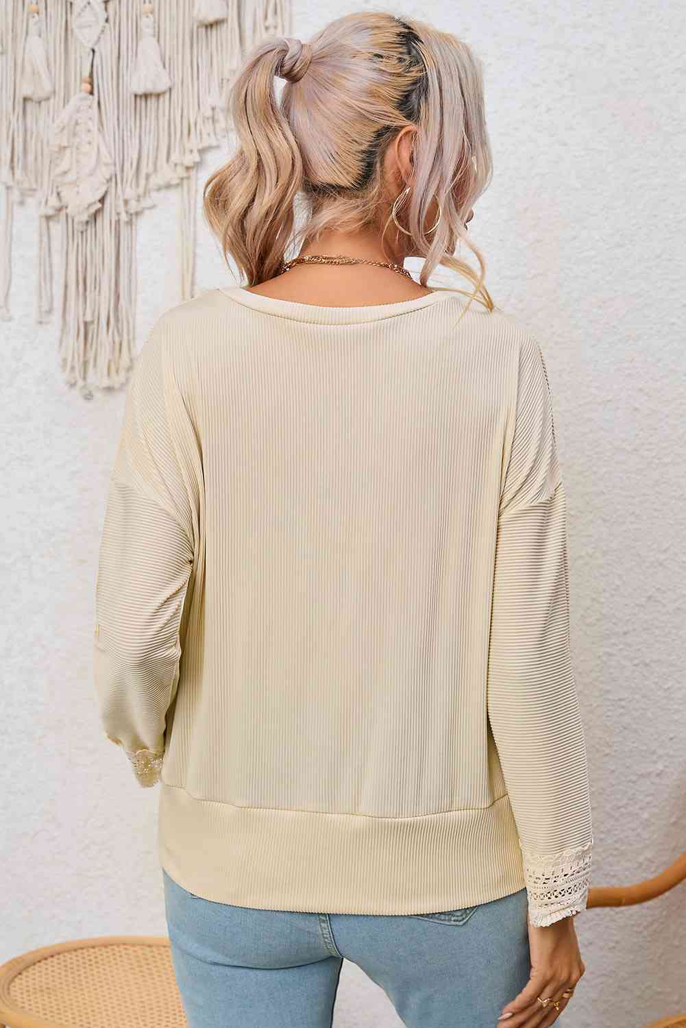 swvws Spliced Lace V-Neck Ribbed Top