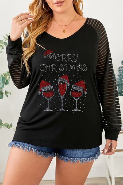 swvws Plus Size MERRY CHRISTMAS Striped Long Sleeve T-Shirt