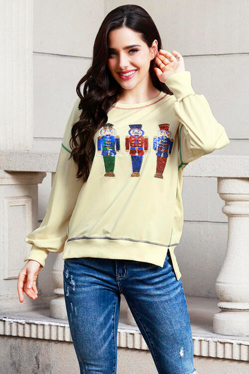 swvws Sequin Nutcracker Round Neck Slit Sweatshirt