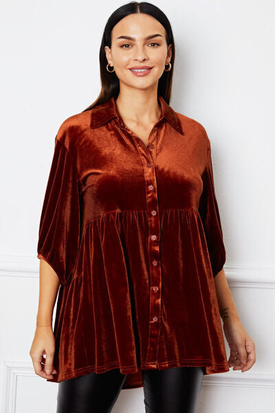 swvws Velvet Tiered Button Up Collared Neck Shirt