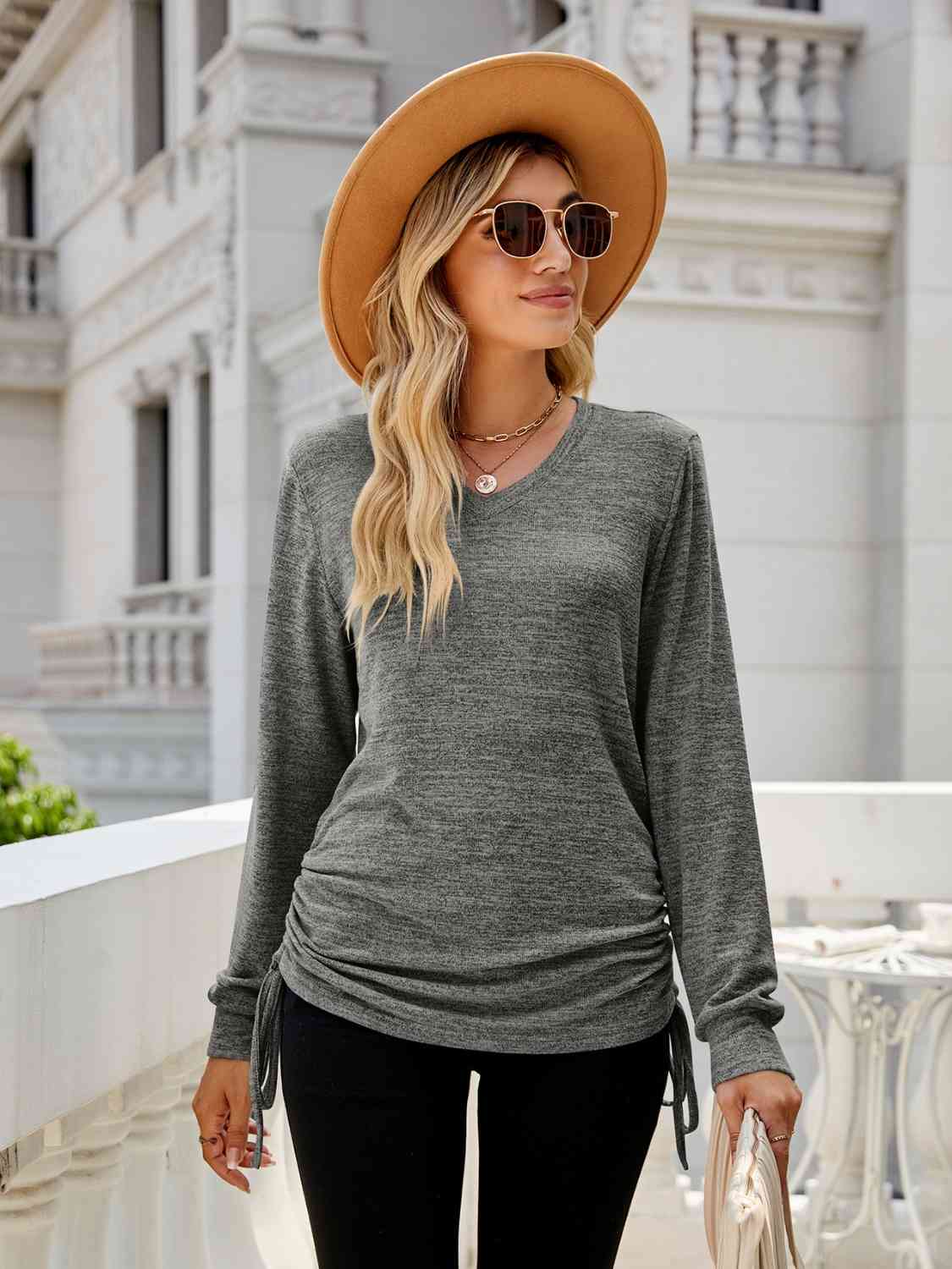 swvws Drawstring V-Neck Long Sleeve T-Shirt