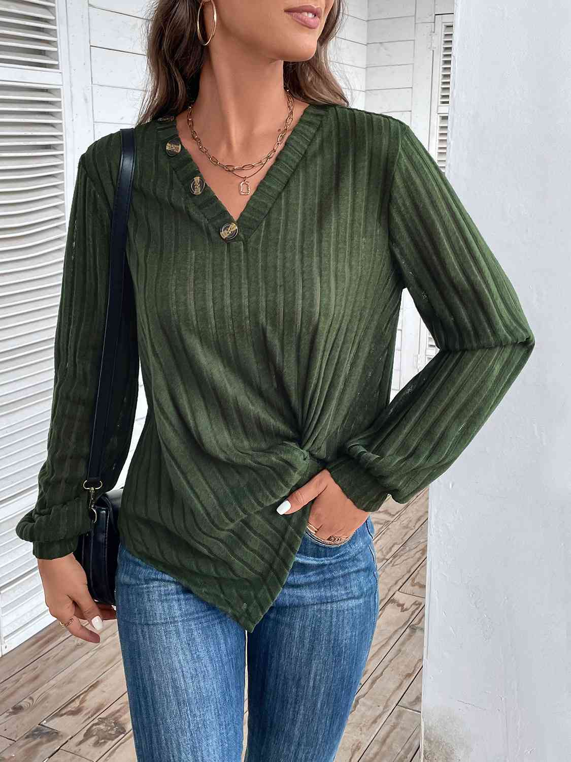 swvws Twisted V-Neck Buttoned Long Sleeve T-Shirt