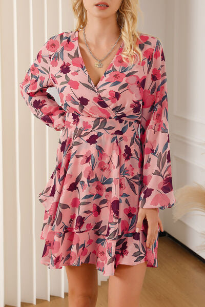 swvws Printed Surplice Balloon Sleeve Mini Dress