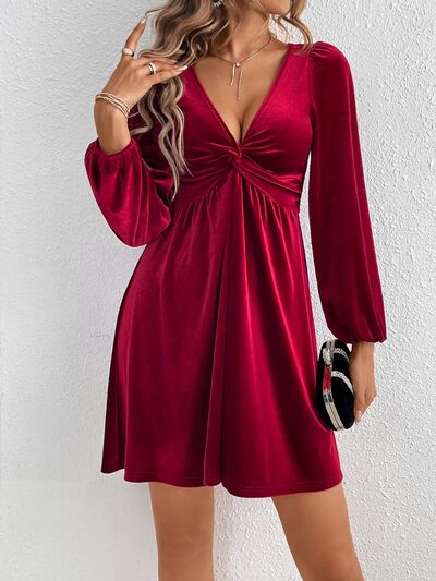 swvws Twisted V-Neck Balloon Sleeve Mini Dress