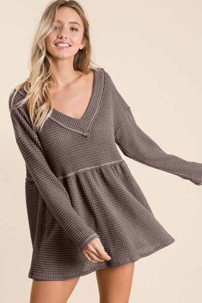 swvws BiBi Waffle Knit V-Neck Babydoll Blouse