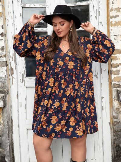 swvws Plus Size Floral V-Neck Balloon Sleeve Dress