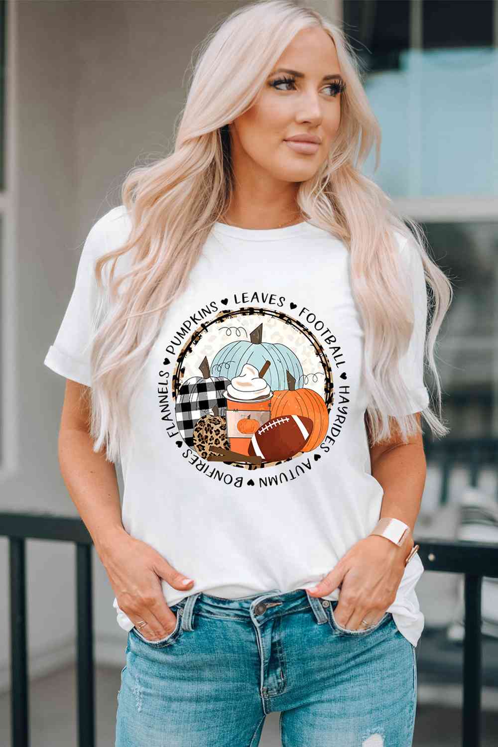 swvws Pumpkin Graphic Round Neck Cuffed T-Shirt