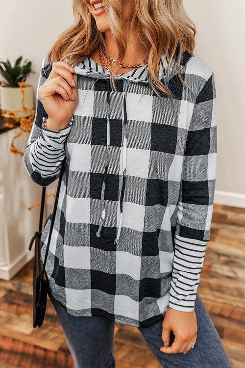 swvws Plaid Drawstring Long Sleeve Hoodie