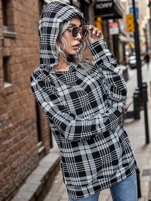 swvws Plaid Mock Neck Long Sleeve Hoodie