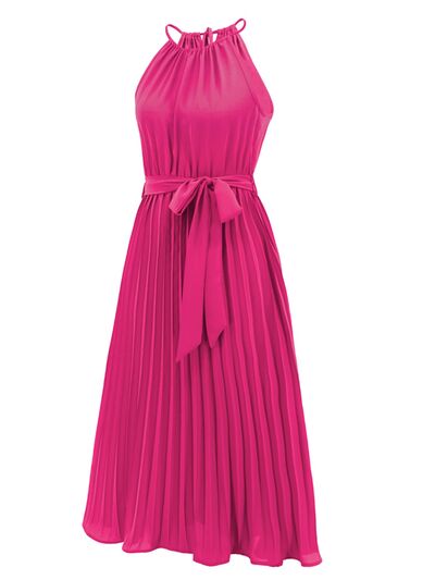 swvws Pleated Spaghetti Strap Tie Waist Midi Dress