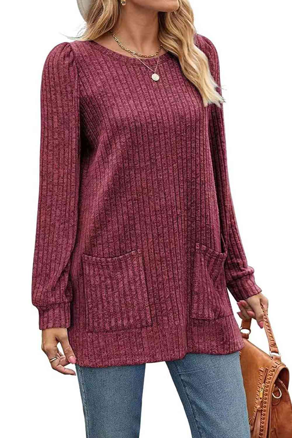 swvws Ribbed Round Neck Long Sleeve T-Shirt