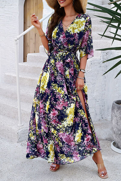 swvws Printed Tied Half Sleeve Slit Dress