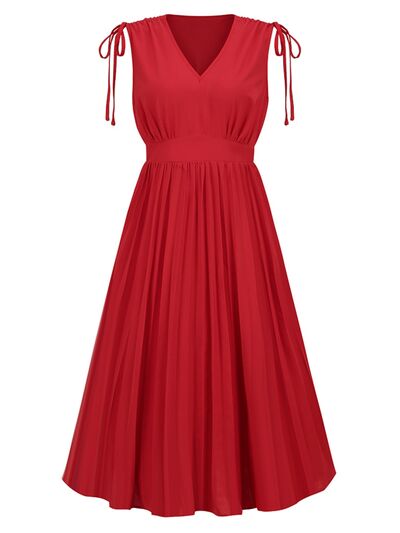 swvws Pleated V-Neck Sleeveless Midi Dress