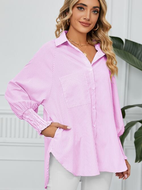 swvws Striped Button Up Smocked Long Sleeve Shirt