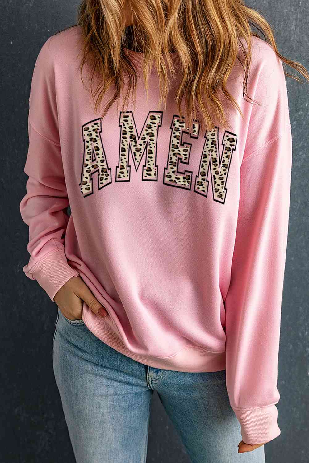 swvws Round Neck Dropped Shoulder AMEN Graphic Sweatshirt