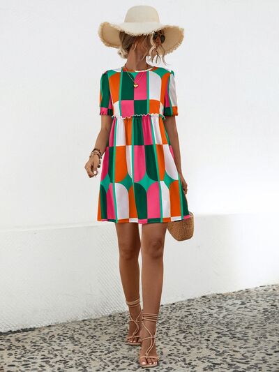 swvws Geometric Frill Round Neck Short Sleeve Dress