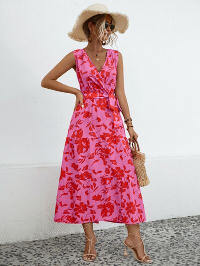 swvws Tied Printed Surplice Tiered Dress