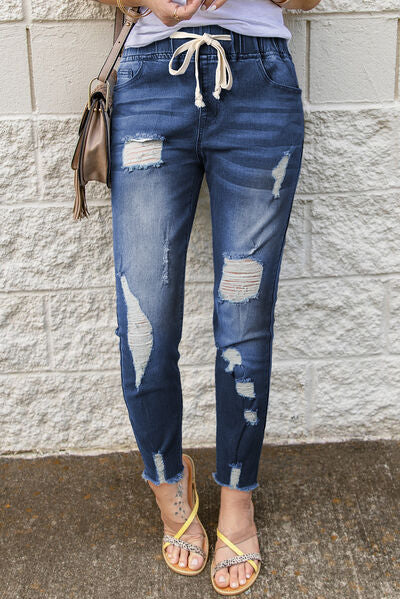 swvws Drawstring Distressed Raw Hem Jeans with Pockets